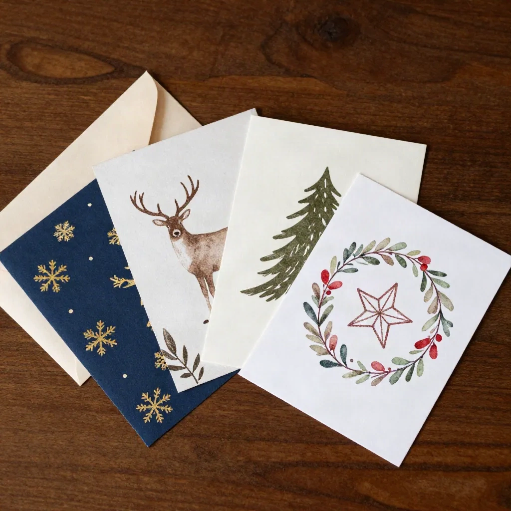 Fünf handgemachte Weihnachtskarten in verschiedenen DIY-Stilen auf einem dunklen Eichentisch ausgebreitet
