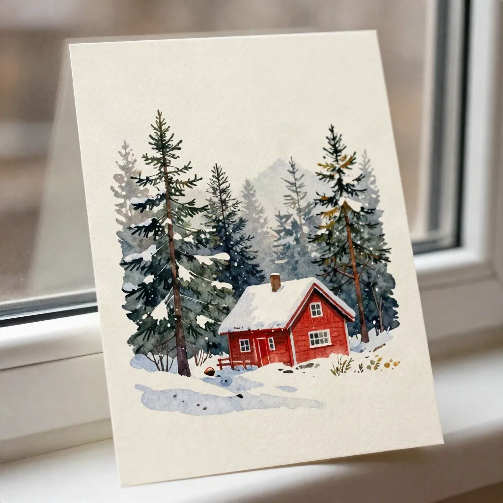snowy pine forest와 red cabin이 있는 watercolor Christmas card가 창틀에 놓여있음