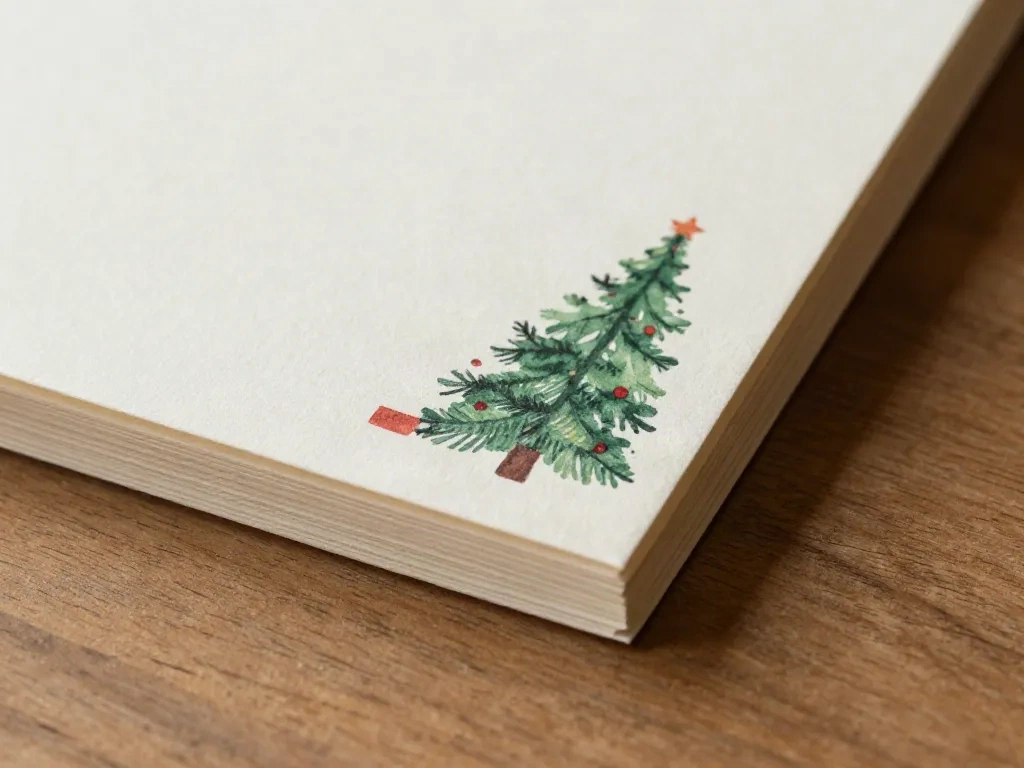 Foto macro de la esquina de una tarjeta de Navidad impresa en cartulina crema gruesa mostrando textura del papel