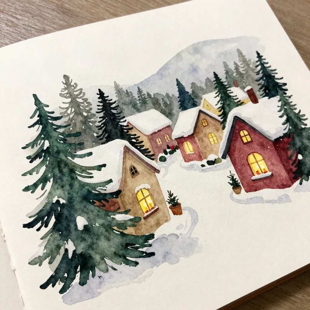 Watercolor Christmas card illustration showing a snowy village scene with cottage windows glowing in the winter night