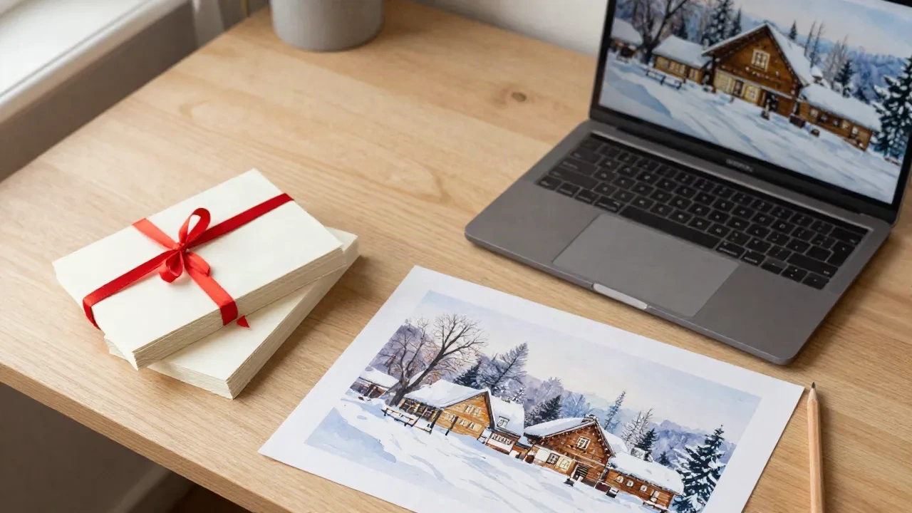 Mesa com pilha de cartões de Natal cáqui, laptop e prova de aquarela impressa de vila invernal