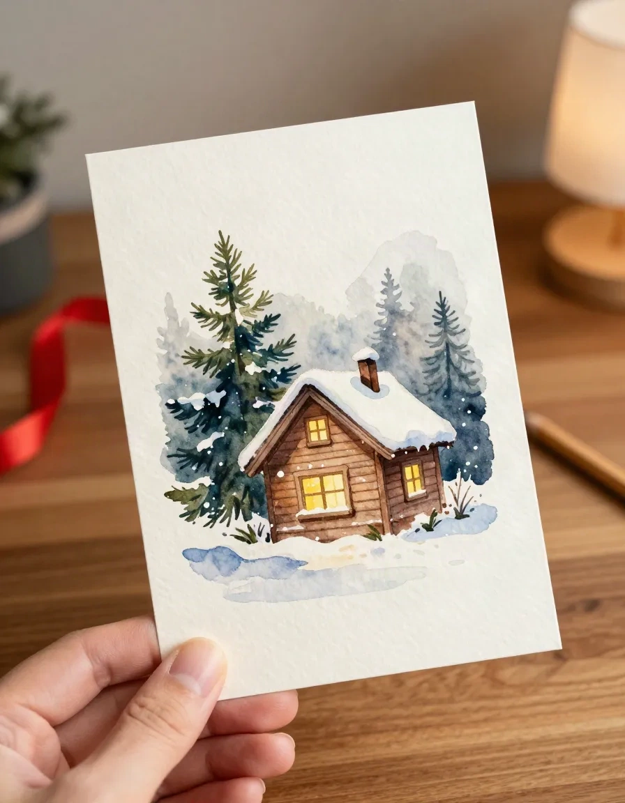 Eine hochkant stehende Weihnachtskarte mit gemaltem, verschneitem Cottage, in einer Hand über einem Holzschreibtisch gehalten