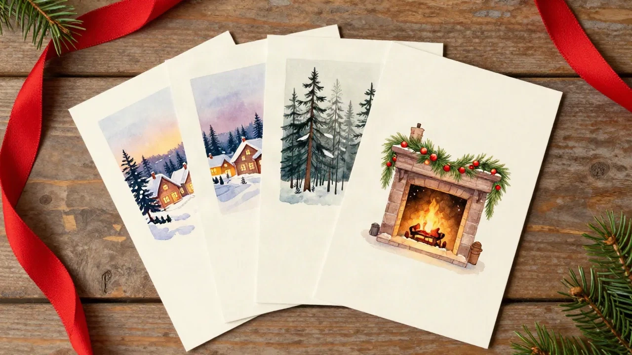 Tre biglietti di Natale dipinti ad acquerello, con sfondi di villaggio innevato, pineta e caminetto, disposti a ventaglio su un tavolo di legno