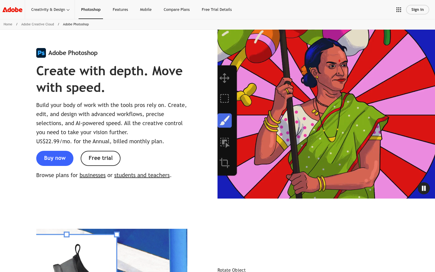 Startseite von Adobe Photoshop mit der Überschrift Create with depth, move with speed