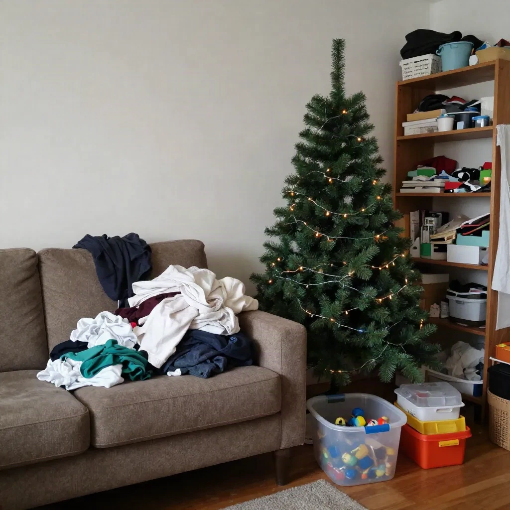 A cluttered living room corner with laundry and a half-decorated tree, the kind of background worth replacing