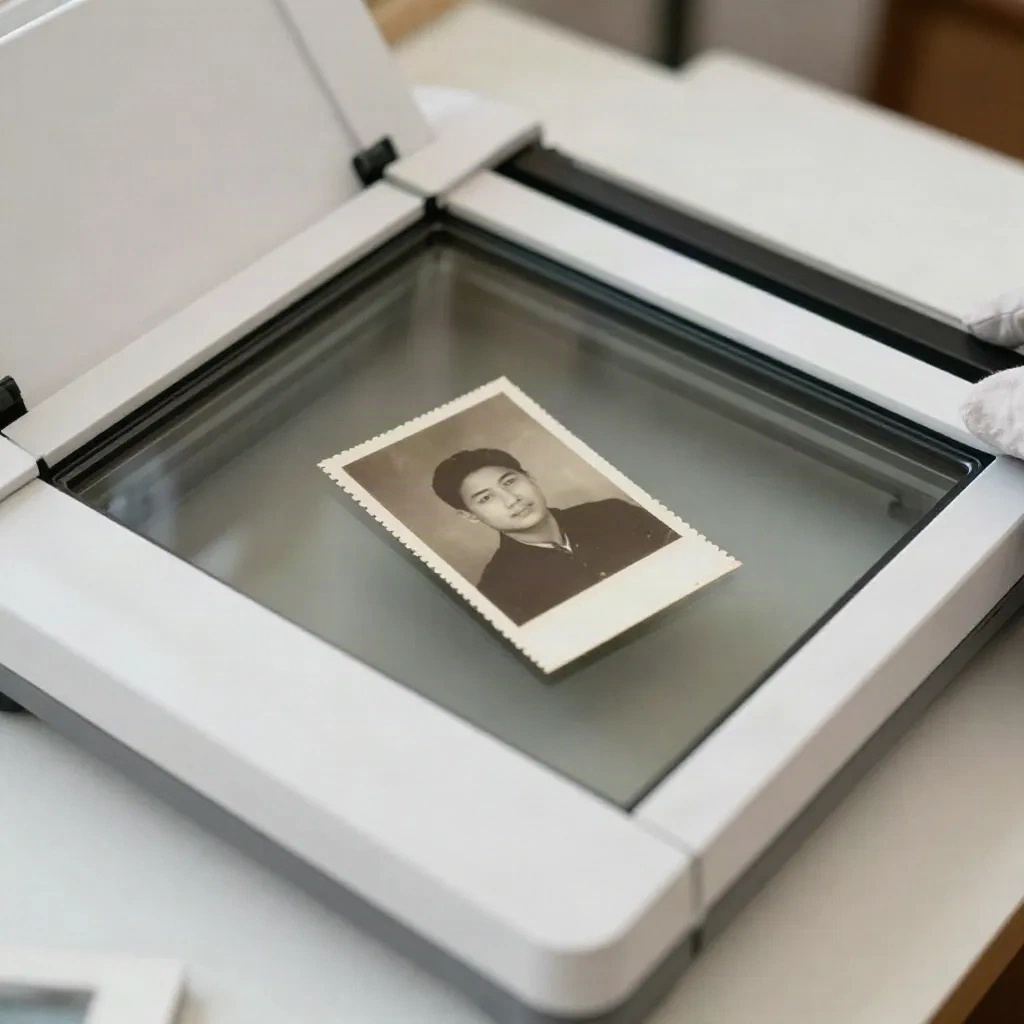 Una piccola fotografia d'epoca con bordo smerlato appoggiata sul vetro di uno scanner piano