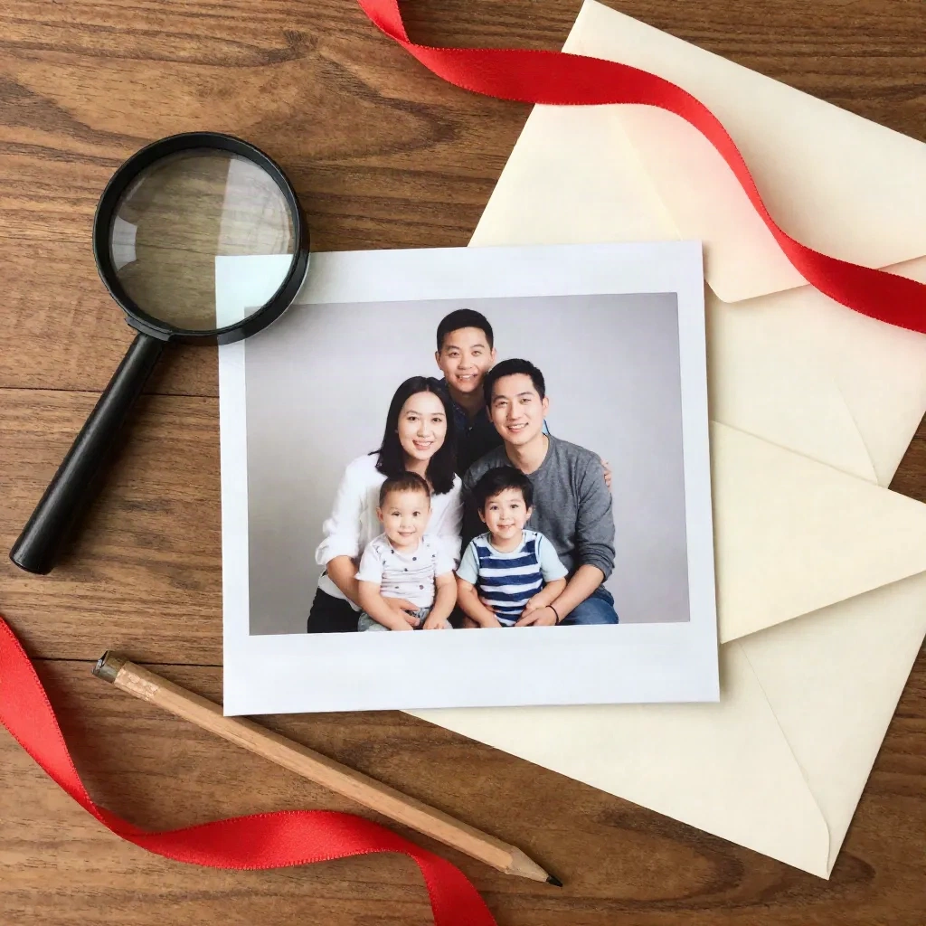 Photo de famille imprimée à côté d'une loupe et d'enveloppes crème sur une table en noyer