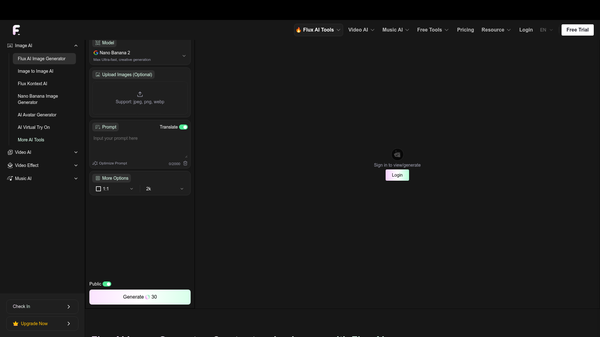Nano Banana 2 seçili ve 30 kredilik Generate düğmesi olan Flux-AI.io görsel üreticisi