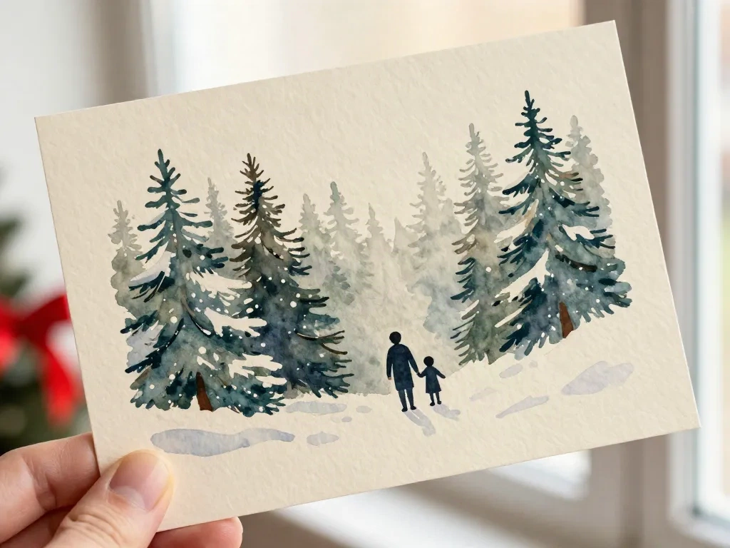 Hand holding a cream watercolor Christmas card with a snowy pine forest background and two small silhouettes