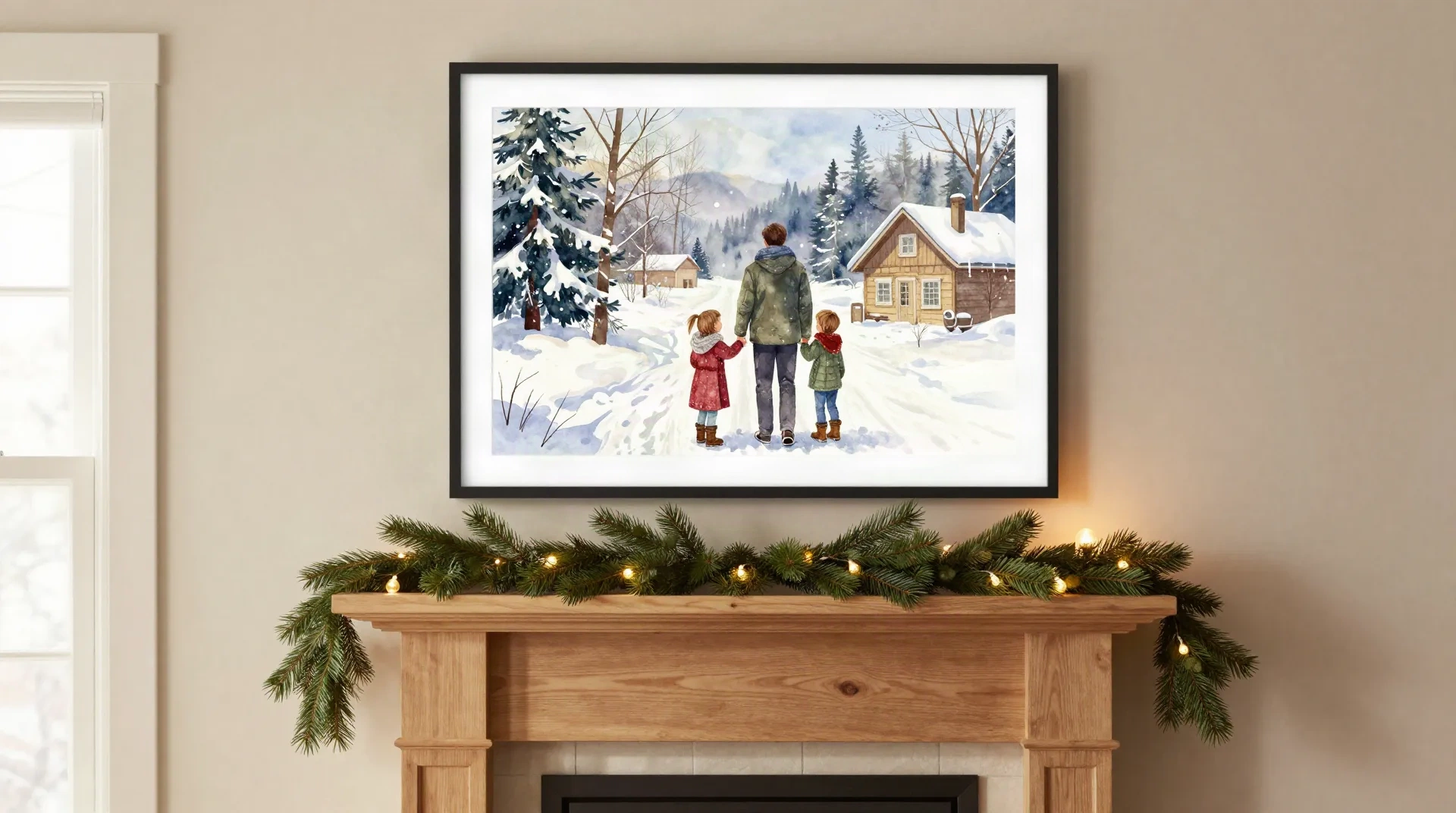 Una scena familiare invernale ad acquerello incorniciata appesa sopra un camino in legno decorato