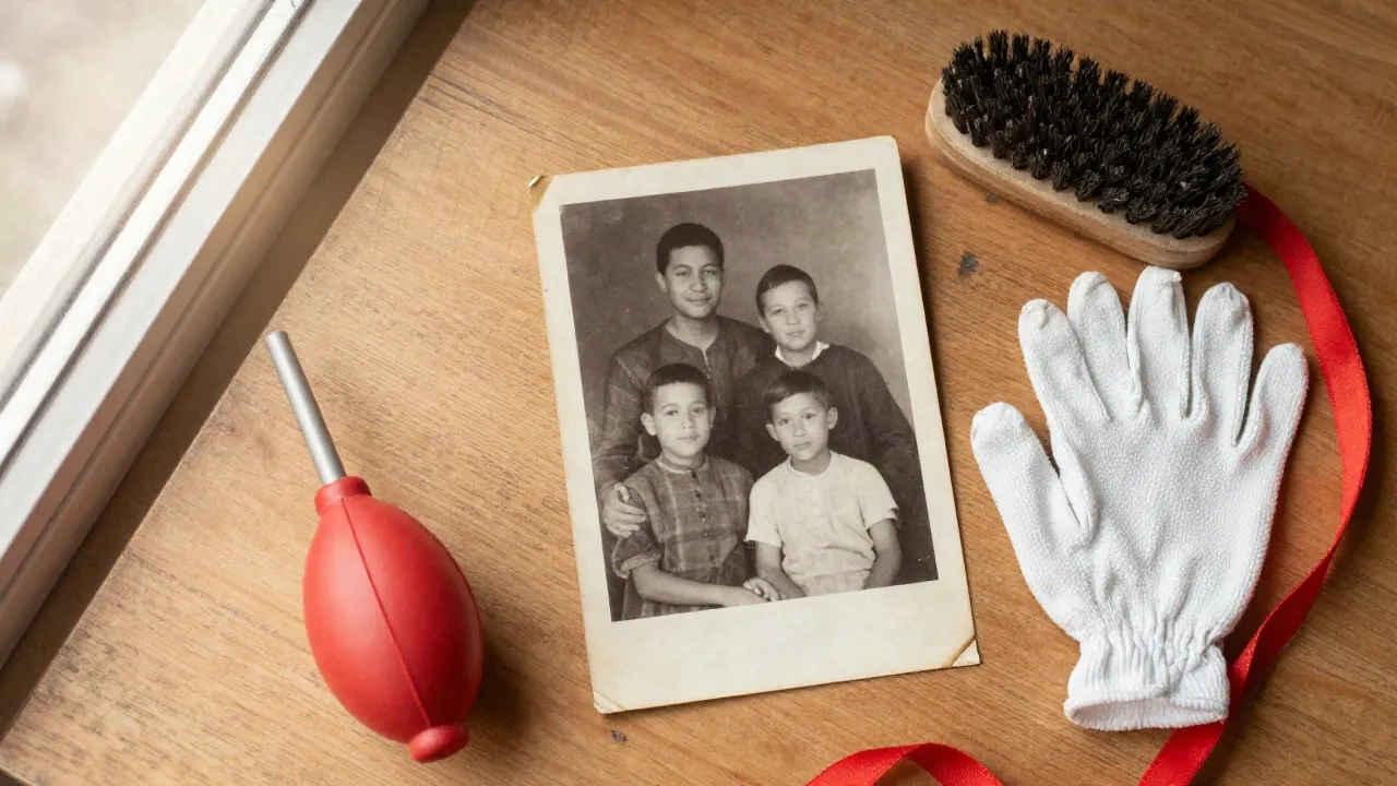 Una foto familiar sepia descolorida sobre una mesa de madera, junto a guantes de algodón, un soplador de bulbo y una cinta roja, lista para una restauración cuidadosa