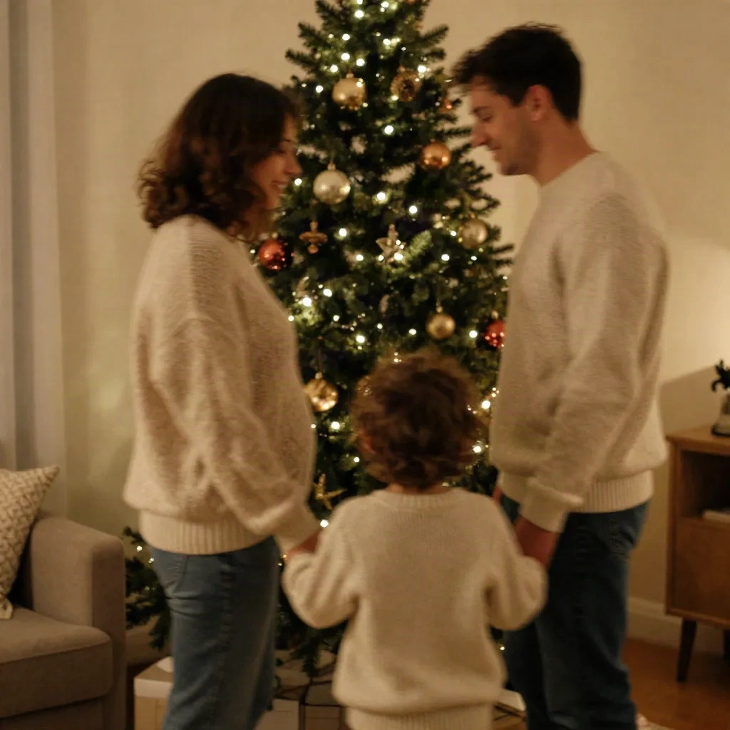 Famille en pulls tricotés devant un sapin de Noël, avec un léger flou de bougé