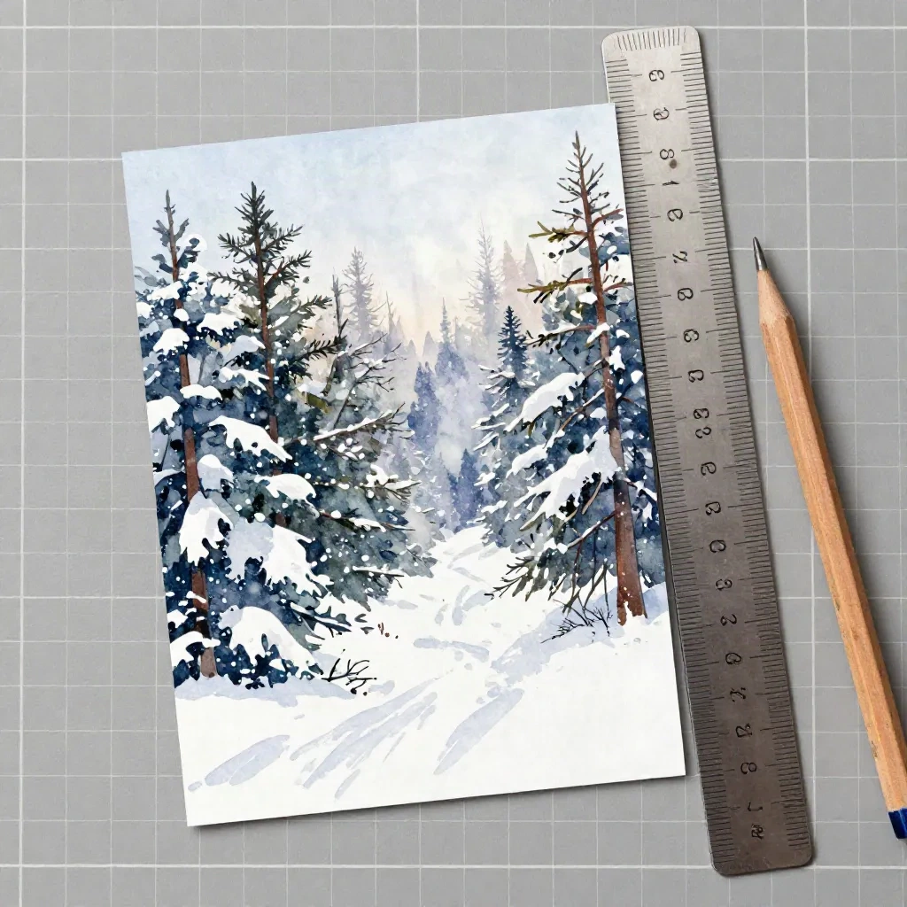 Ein Stahllineal liegt entlang der Kante einer gedruckten Aquarell-Weihnachtskarte auf einer Schneidematte