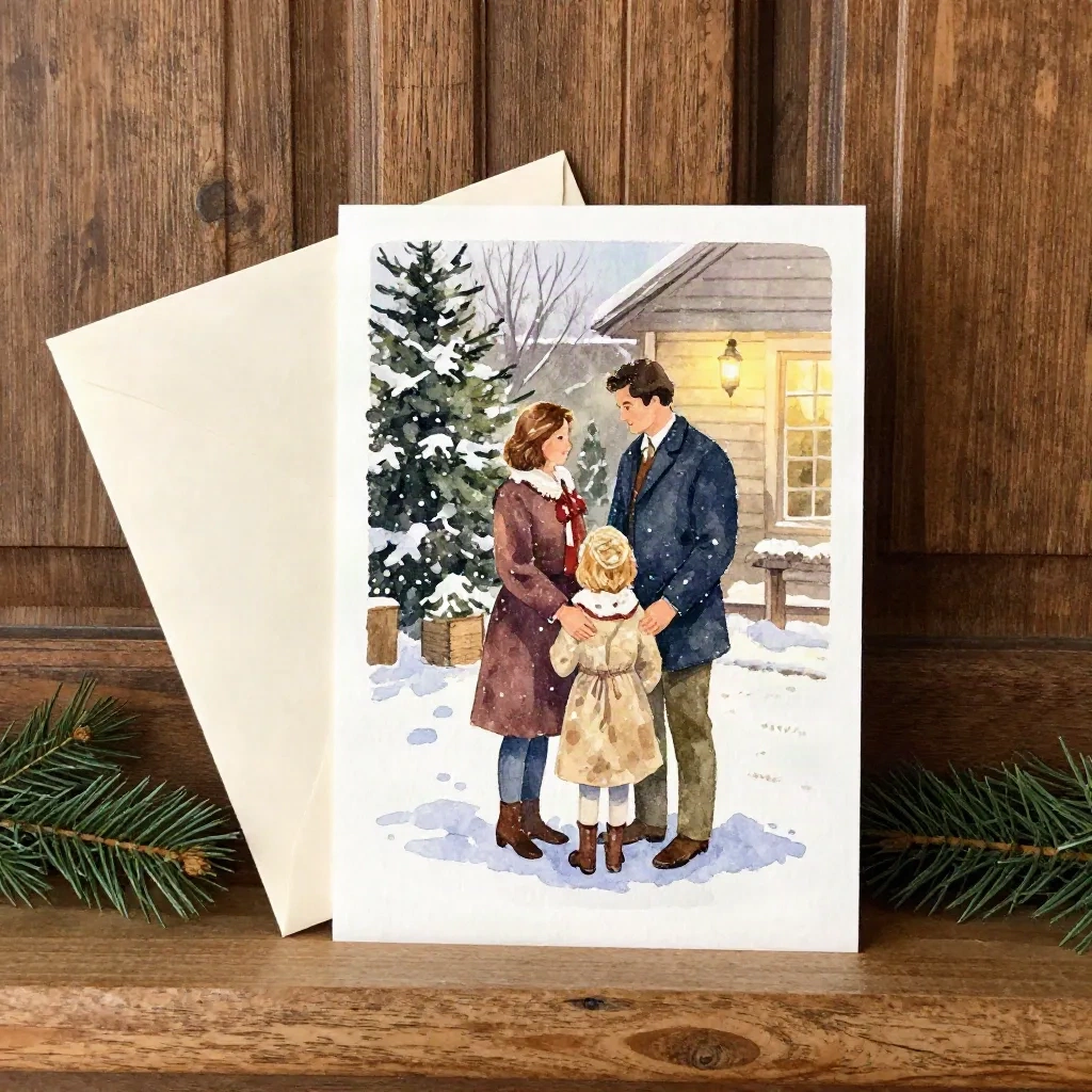 Una cartolina in stile acquerello con una famiglia nella neve, appoggiata su un camino accanto alla sua busta color crema