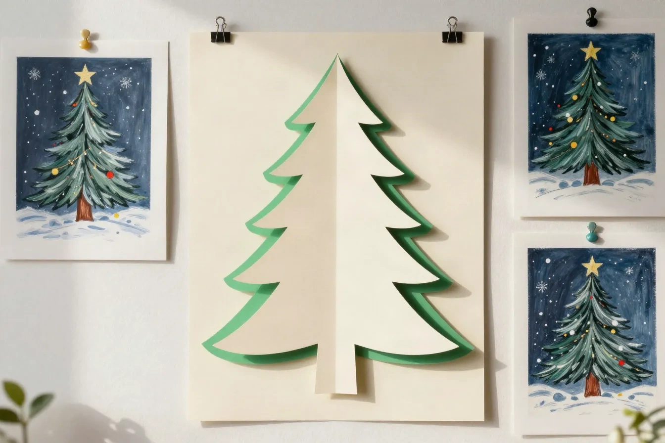 A paper-cut Christmas tree silhouette hung between oil pastel holiday tree prints