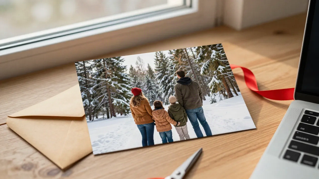 Ein gedrucktes Familienfotos auf einem Holztisch mit Band und Umschlag, bereit für Weihnachtskarten