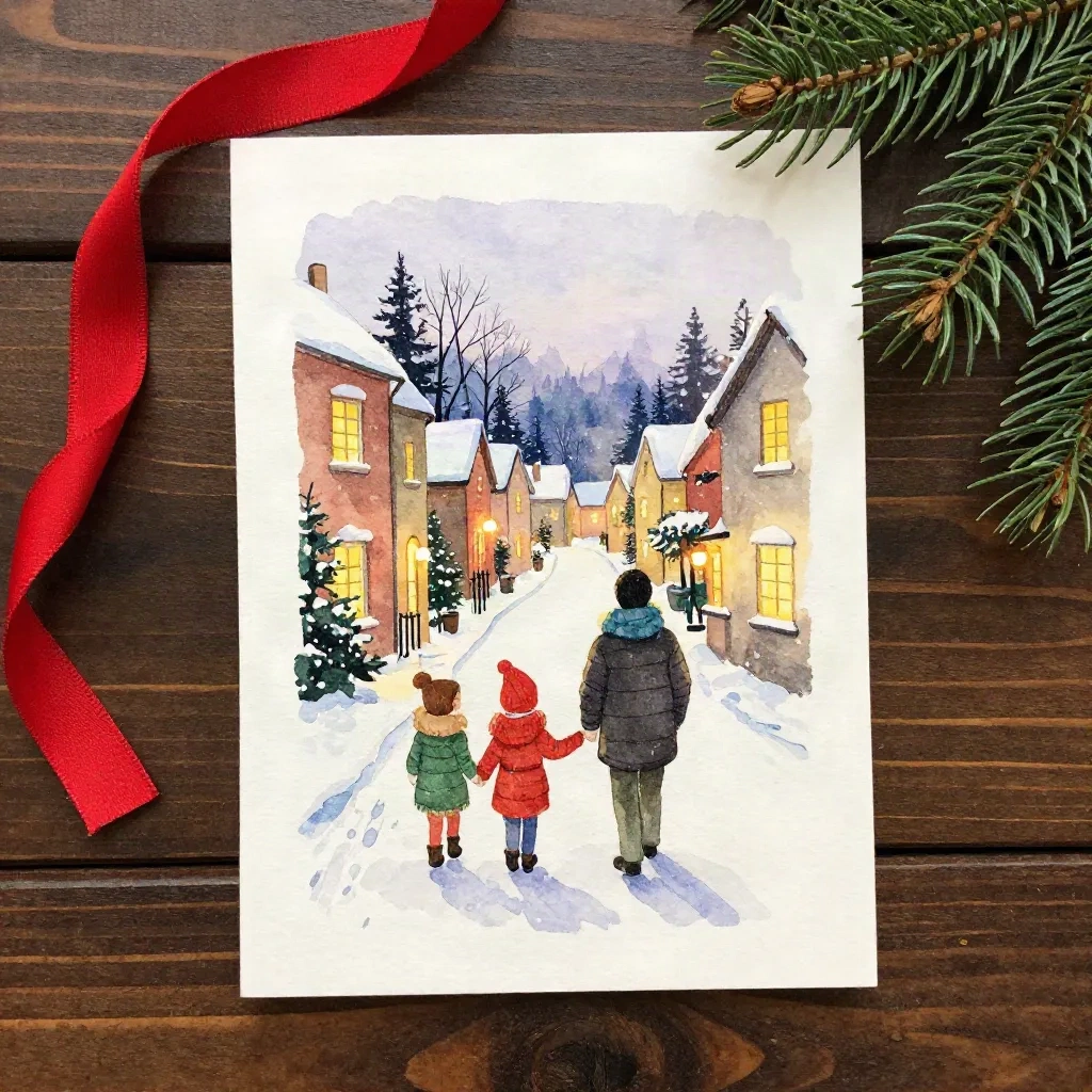A watercolor-style Christmas card of a family in a snowy village, on thick cream card stock with a red ribbon