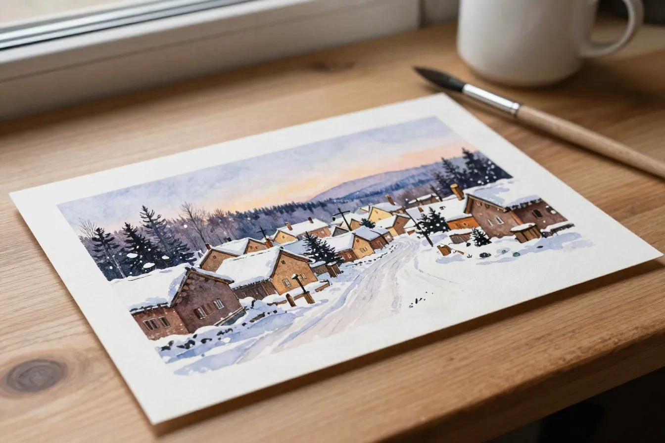 A watercolor snowy village at dusk printed on matte paper beside a brush and a mug