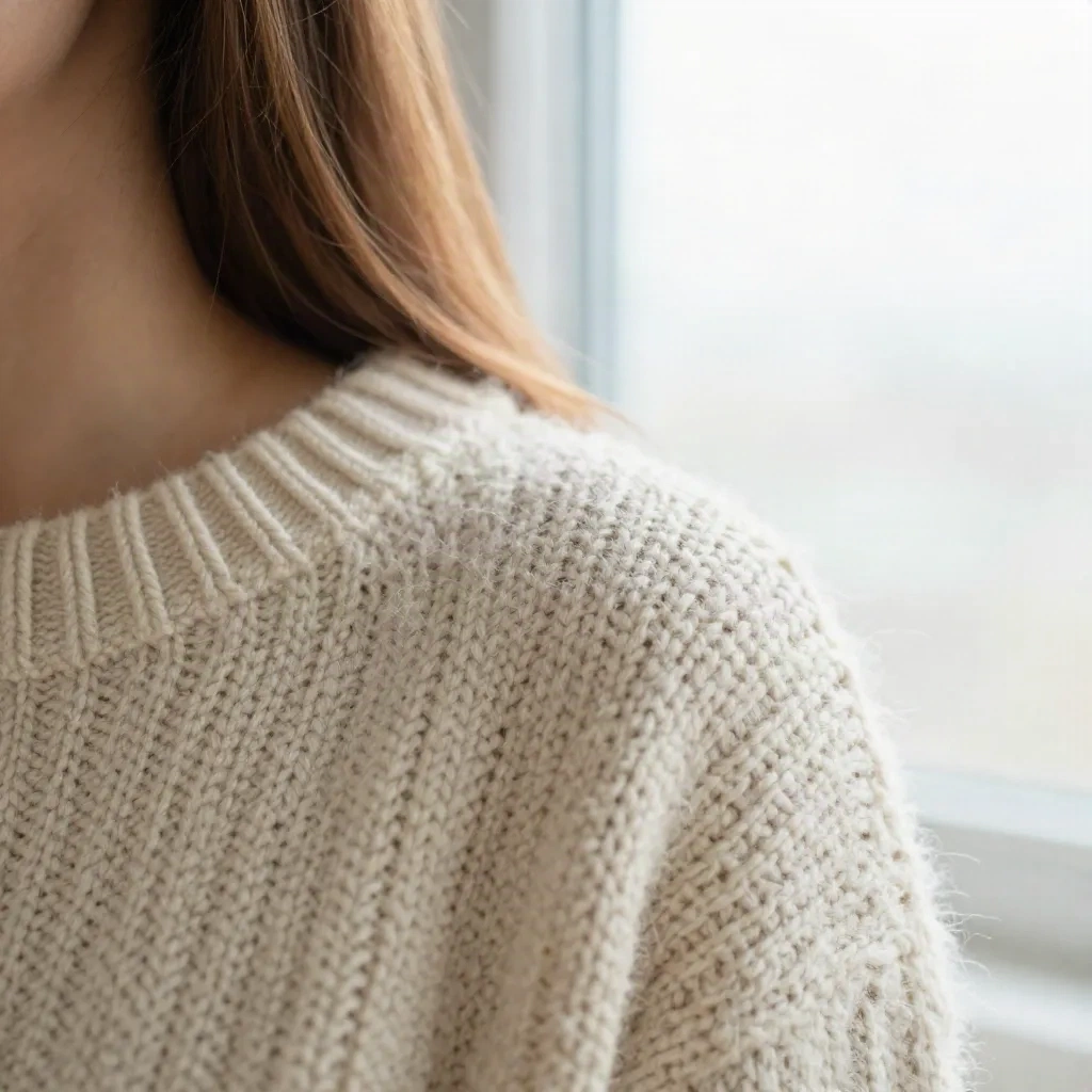 Close-up of wool knit and flyaway hair against a bright window, the edges that trip up background removal tools
