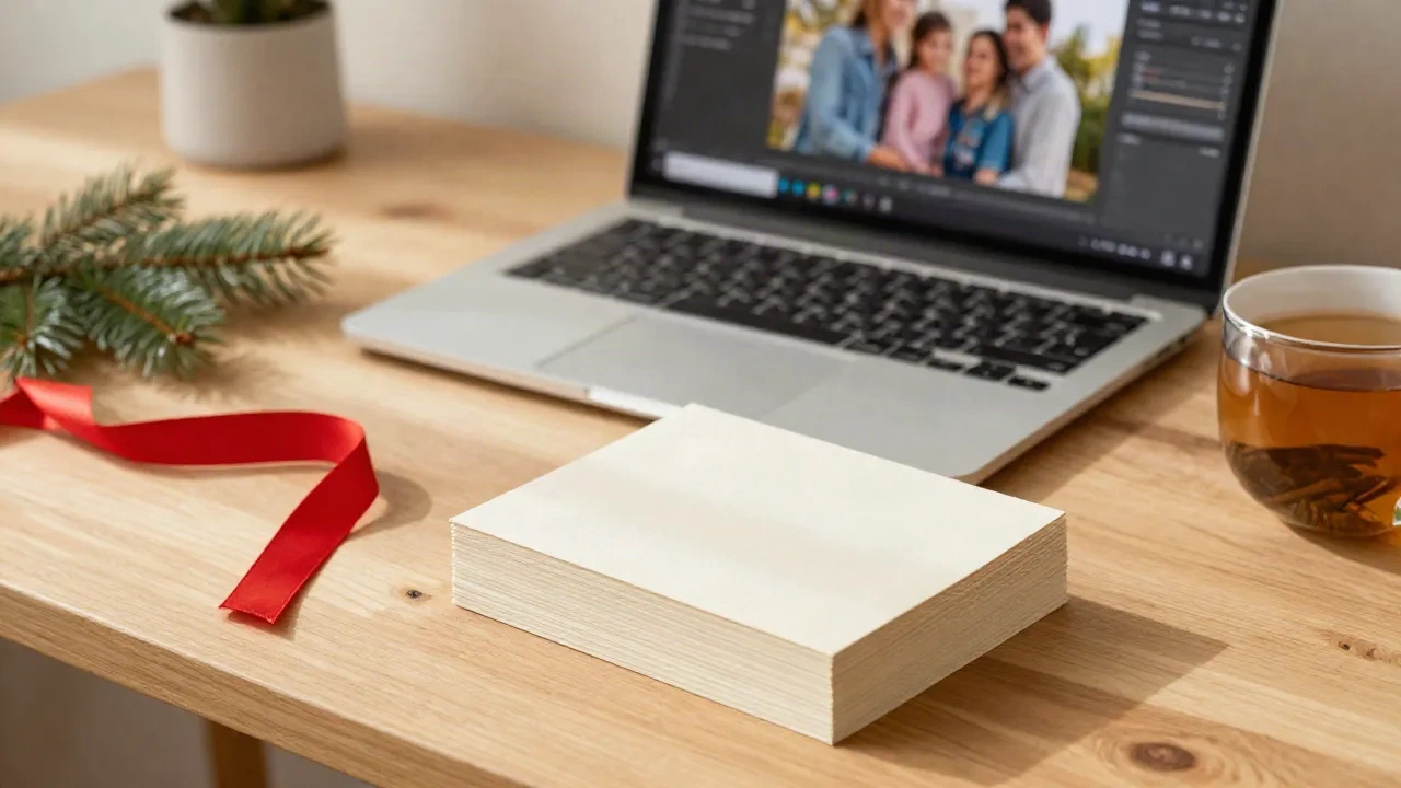 Escritorio con un portátil editando una foto familiar junto a un montón de tarjetas de Navidad crema y un lazo rojo