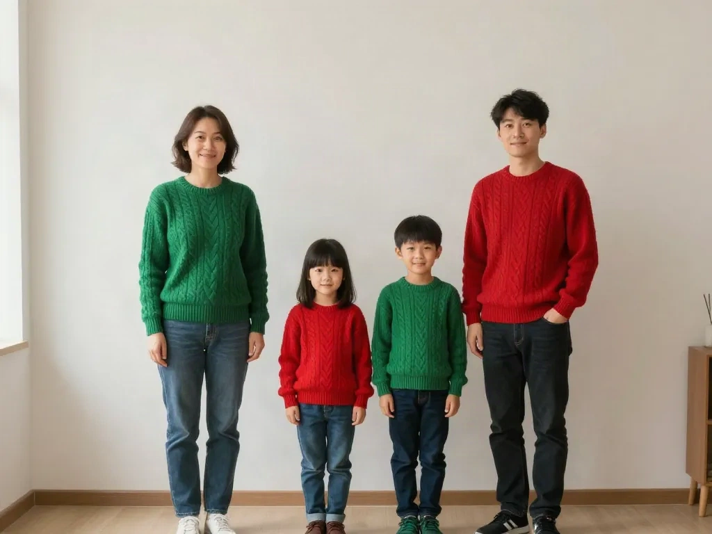Family of four in red and green sweaters standing against a plain light wall, the kind of source photo a background swap needs
