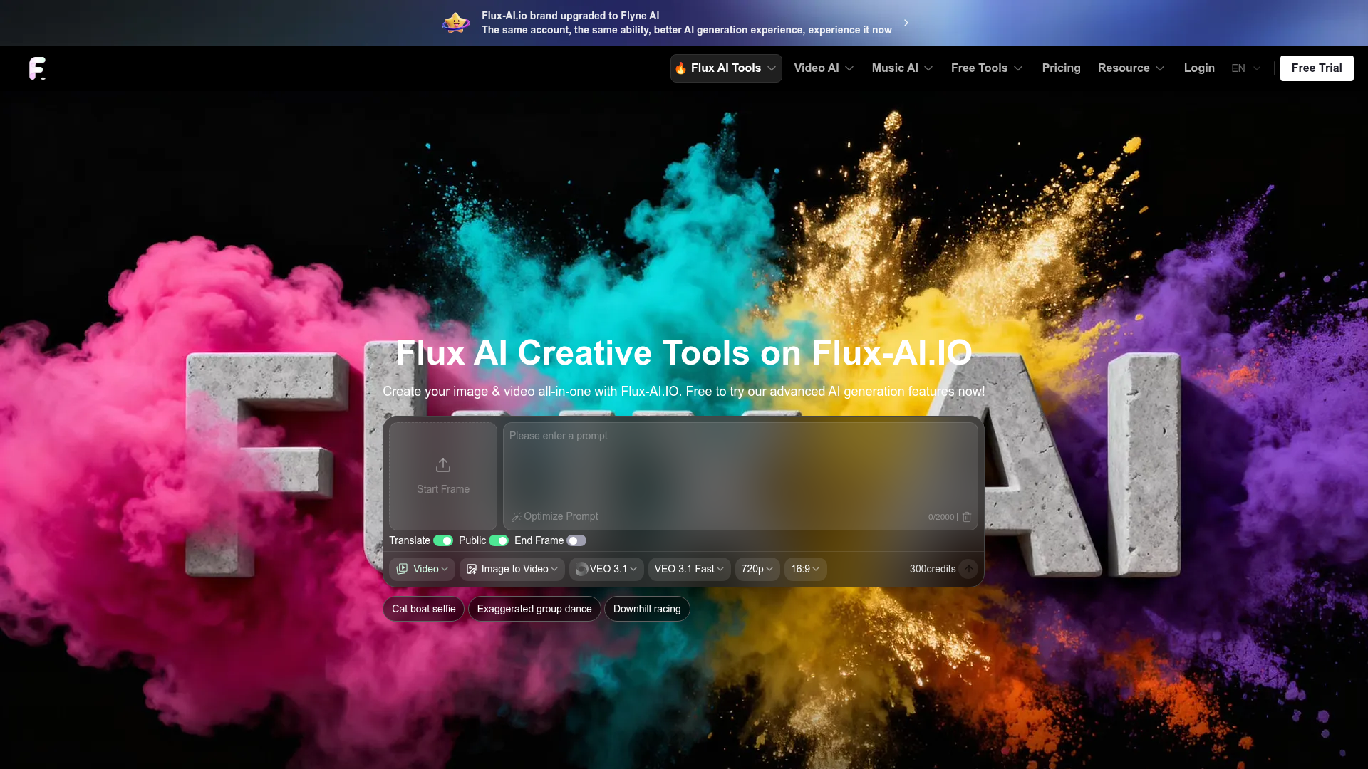 Startseite von Flux-AI.io mit Videoprompt-Feld und Flyne-AI-Banner