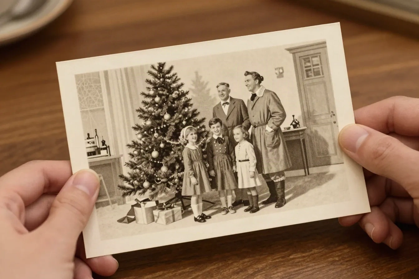 A sepia vintage postcard-style family scene by a Christmas tree held in two hands