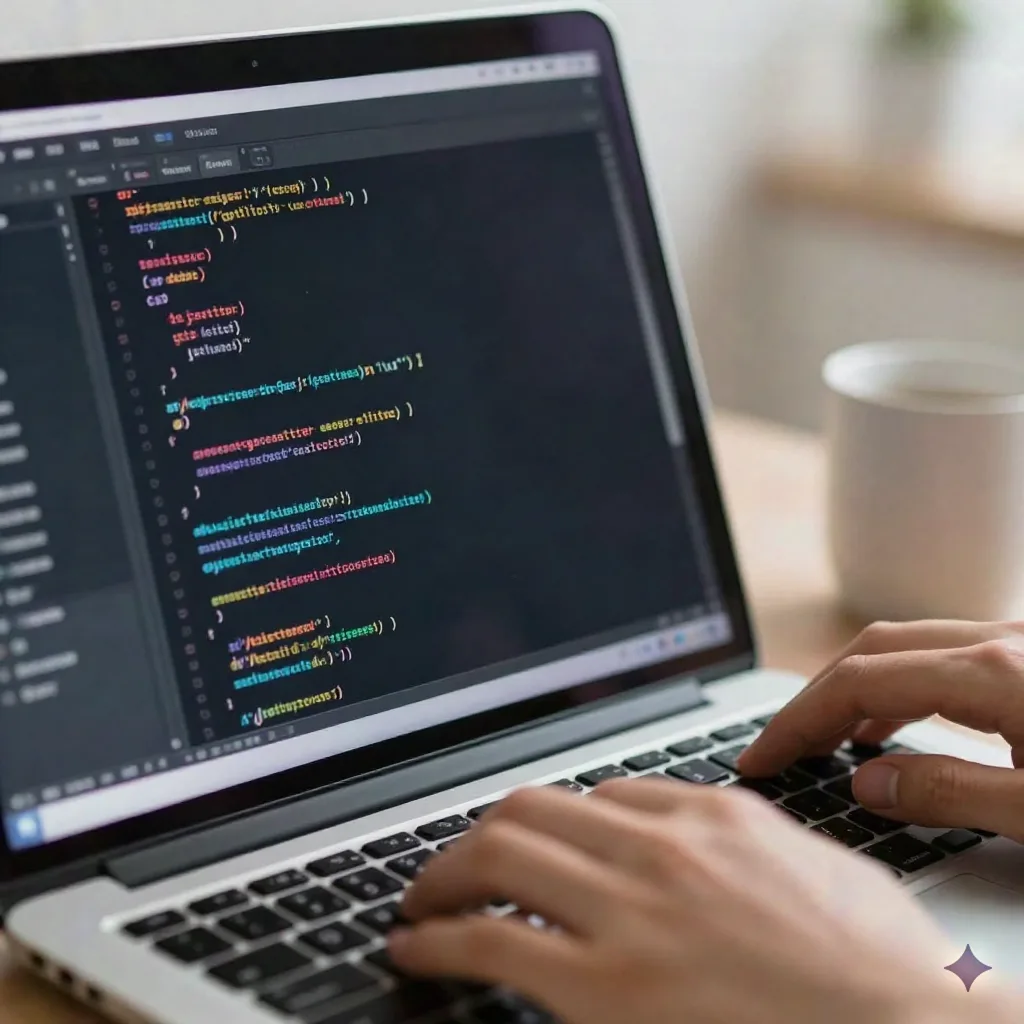 Nahaufnahme von Entwicklerhaenden auf der Tastatur mit syntaxhervorgehobenem Code auf dunklem IDE-Bildschirm