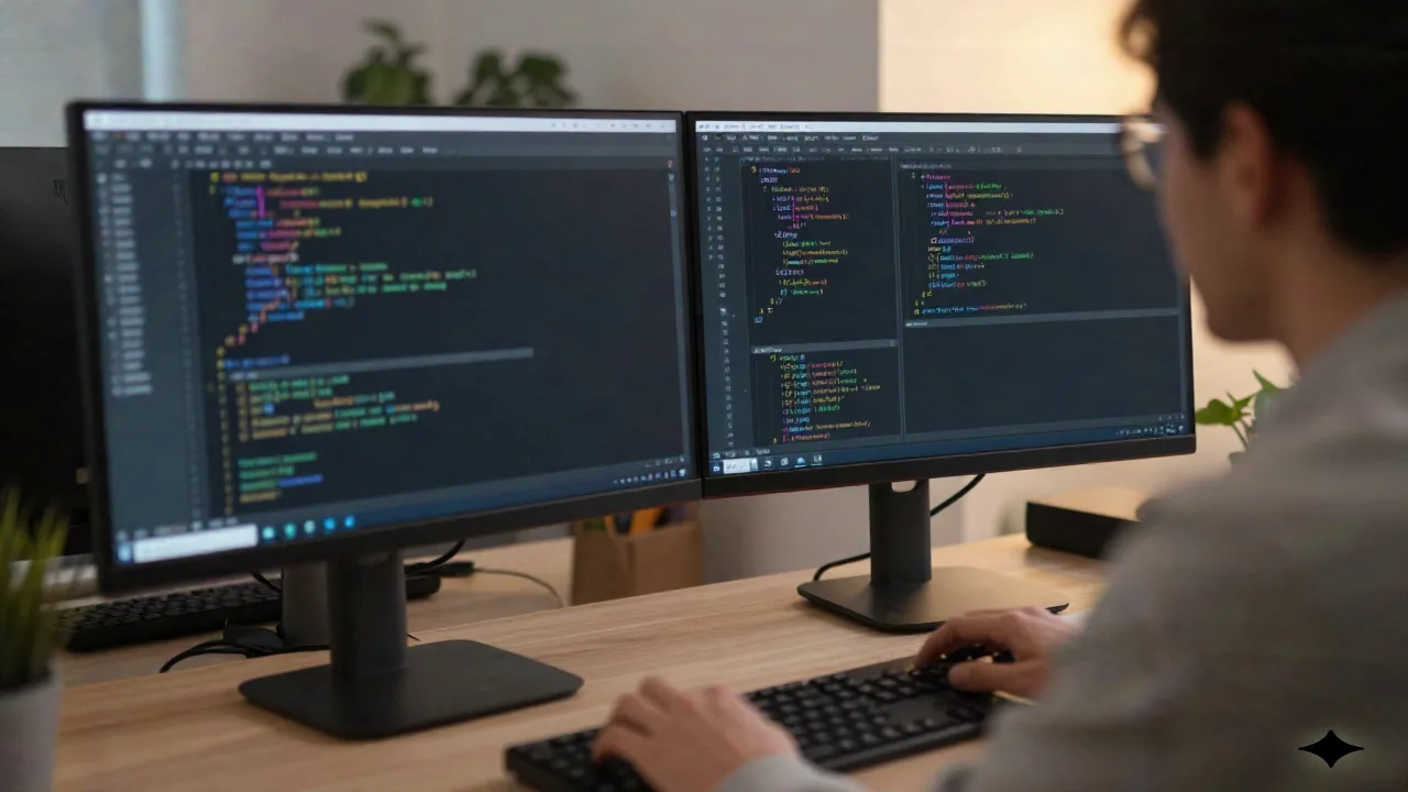 Software engineer reviewing code at dual-monitor workstation for refactoring session
