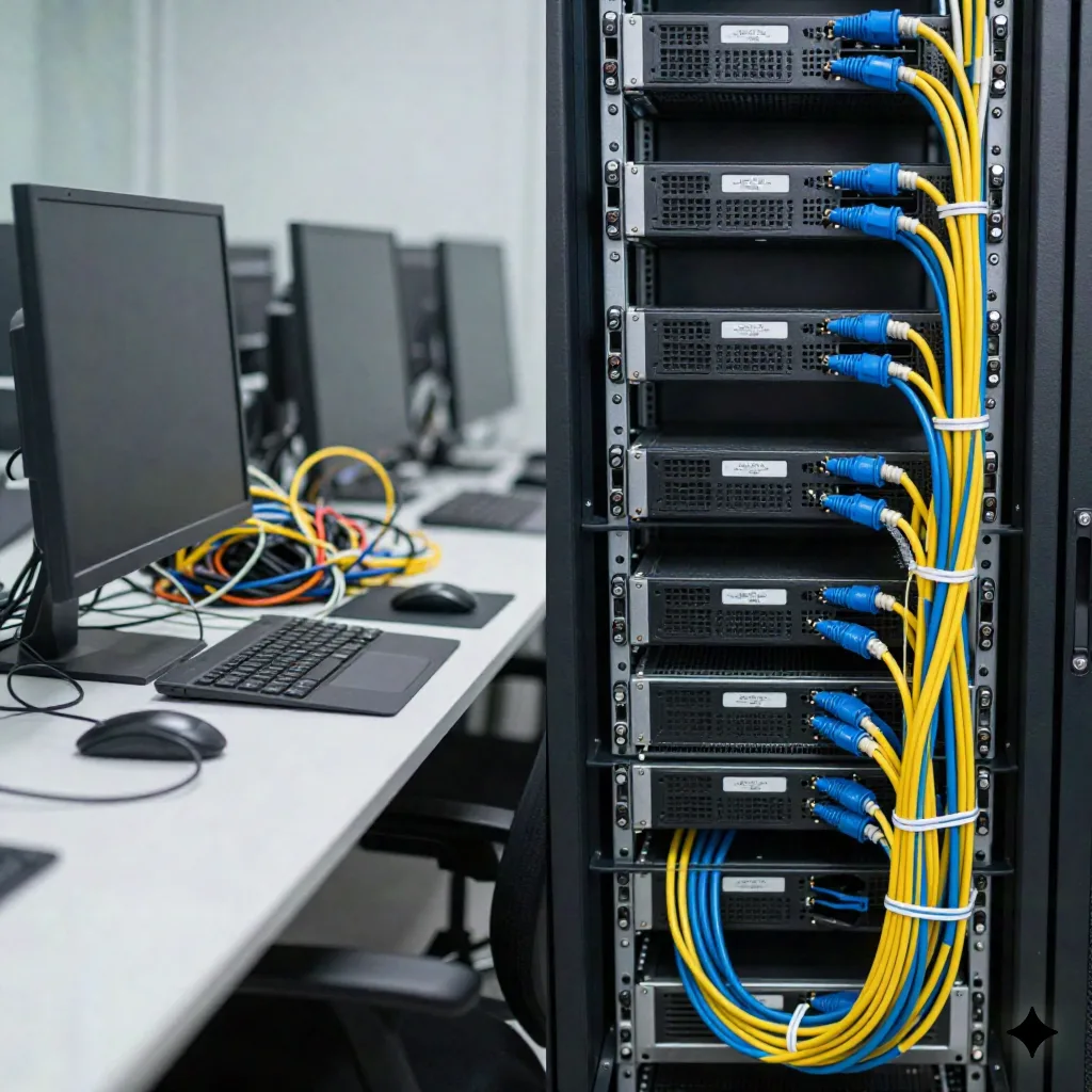 Serverrack mit ungeordneten Kabeln links versus sauber geordneten Kabeln rechts, visuelle Metapher fuer Code-Refactoring