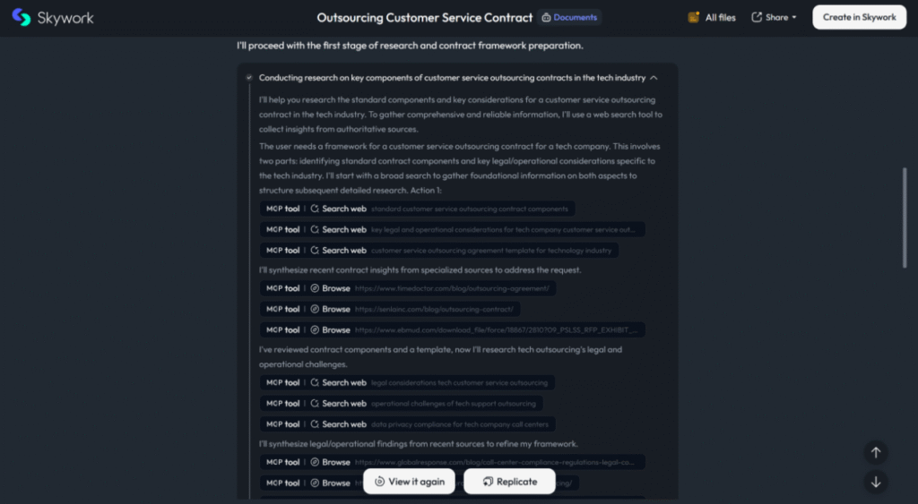 Skywork DeepResearch panel showing cited web sources while drafting a document
