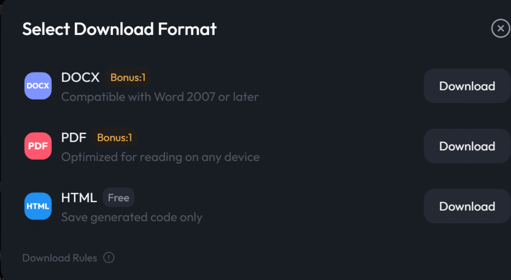 Skywork export menu showing DOCX, PDF, and HTML output options
