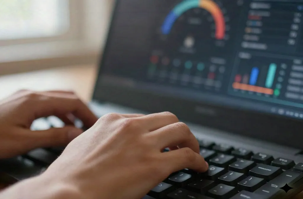 Close-up of hands typing on a keyboard with a laptop screen showing blurred abstract report widgets