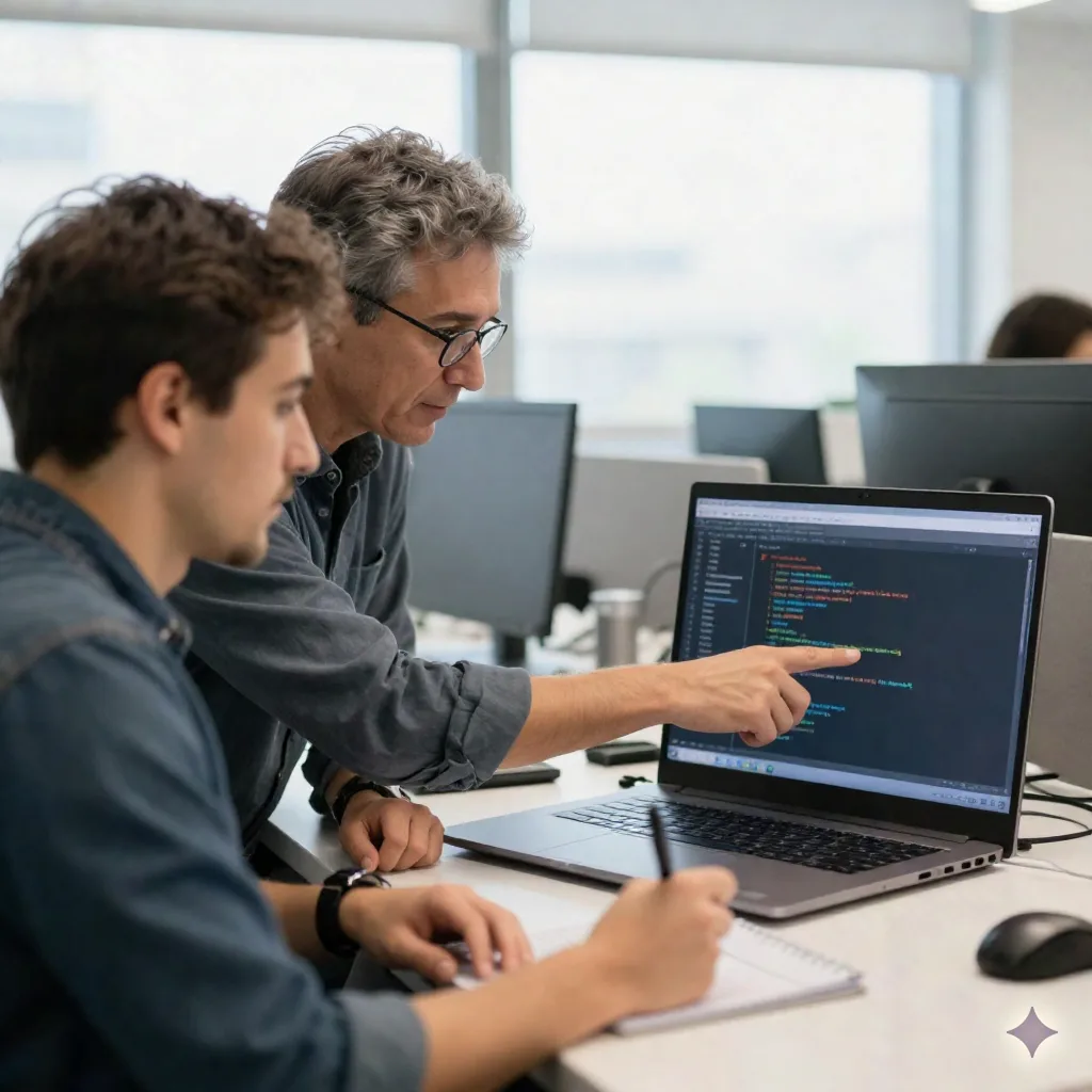 パートナープログラミングセッション中、コンピュータ画面を指差す経験豊かなエンジニアと、ノートを取る新人エンジニア