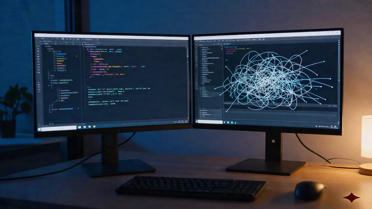 Engineer di dual-monitor desk di malam hari, satu screen menunjukkan tangled web dari glowing branching lines atas code editor