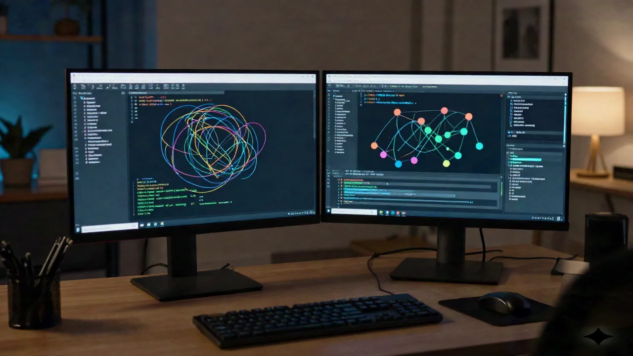 Ingenieur-Schreibtisch mit Dual-Monitor in der Nacht zeigt verworrenes Code-Abhängigkeits-Diagramm, symbolisiert versteckte KI-technische Schuld