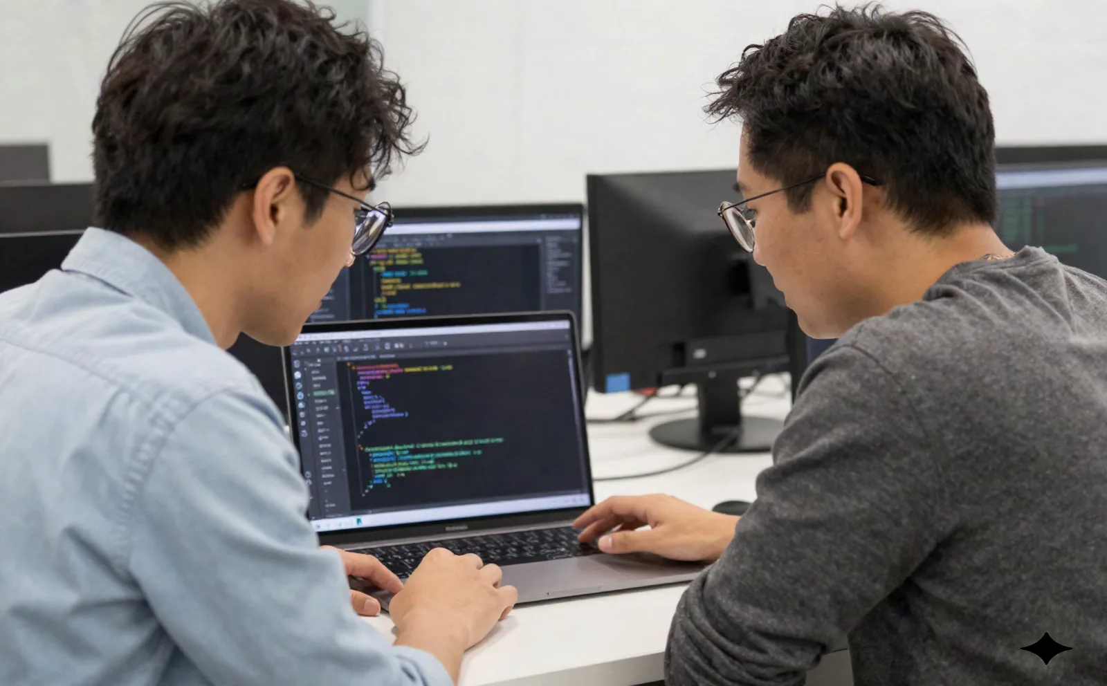 ラップトップ画面でコードを確認するシニアエンジニアと新人エンジニア。オンボーディングの場面