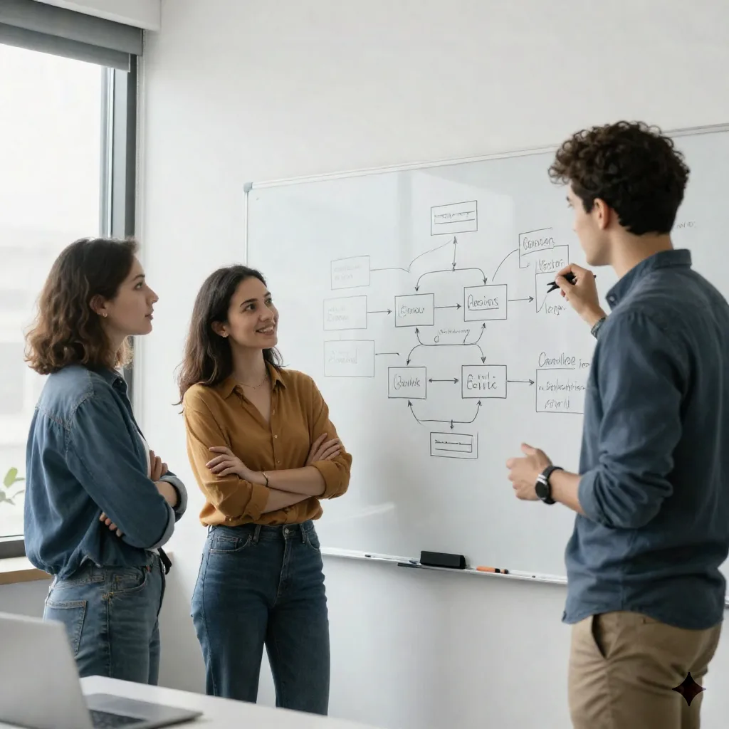 Three engineers standing at a whiteboard sketching a system architecture diagram together