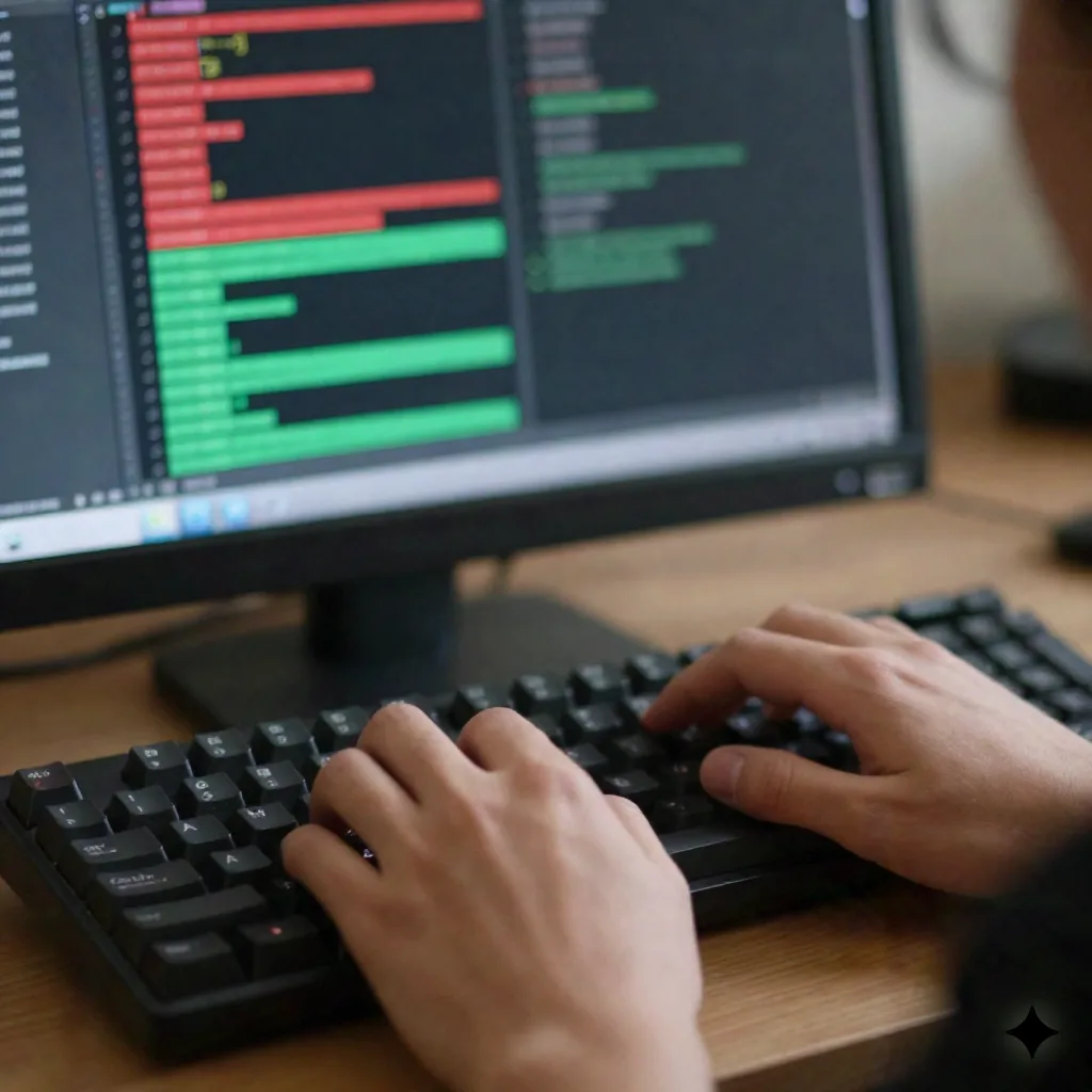 Close-up of hands on a keyboard with a red-and-green code diff visible on the blurred screen behind