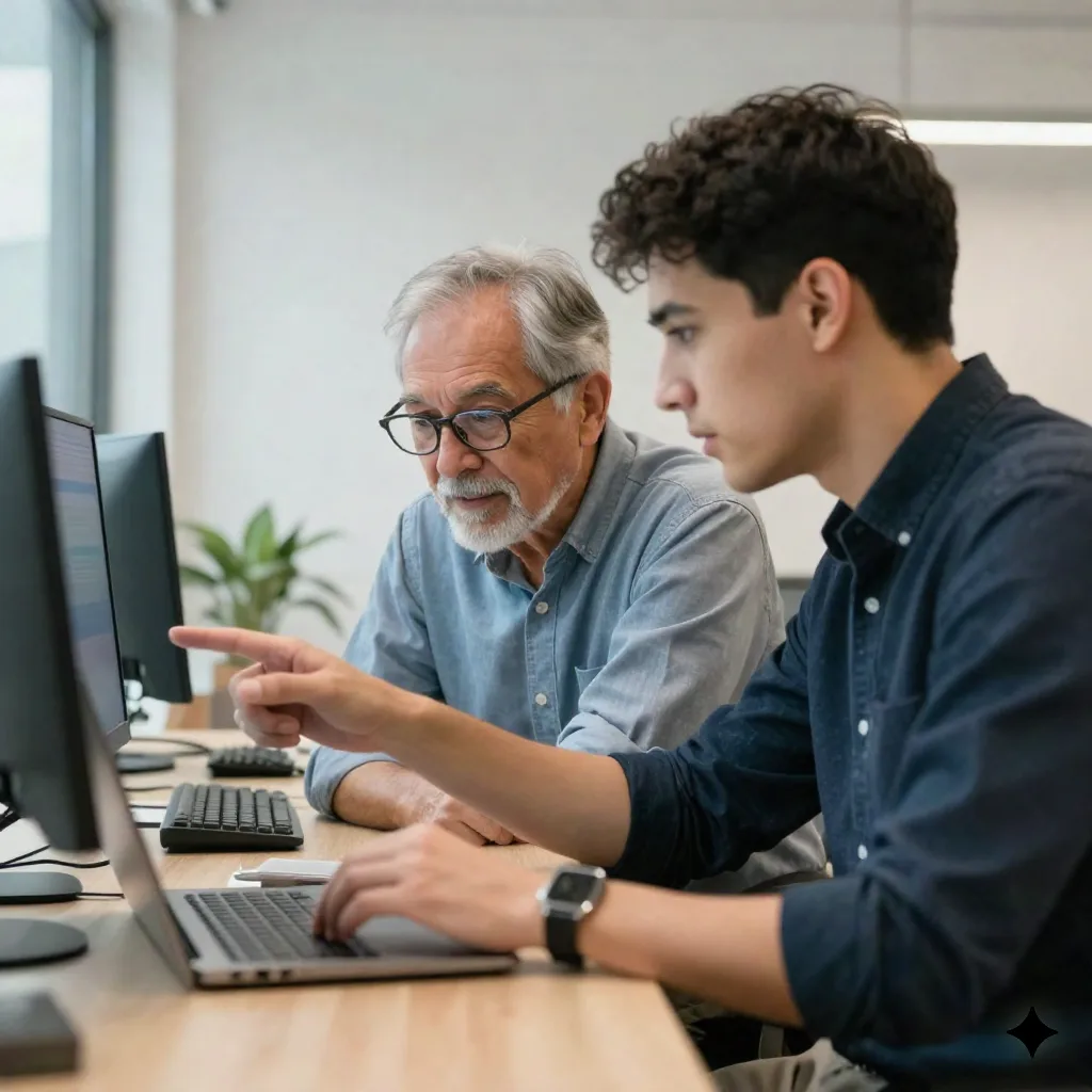 A senior engineer pointing at a laptop screen while a junior engineer leans in to follow along