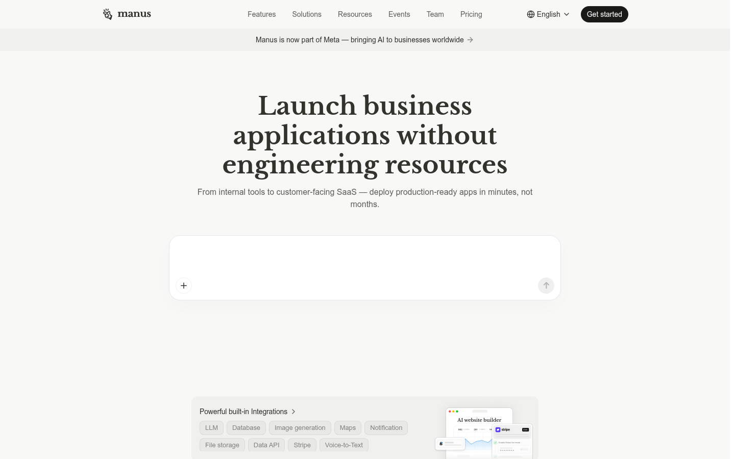 Page de fonctionnalité de construction de site web Manus IA décrivant la génération d'application full-stack