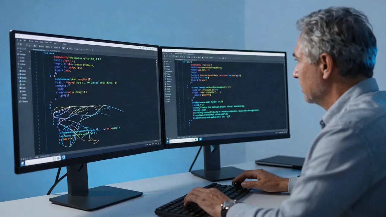 Developer at dual-monitor workstation comparing legacy code with clean refactored code