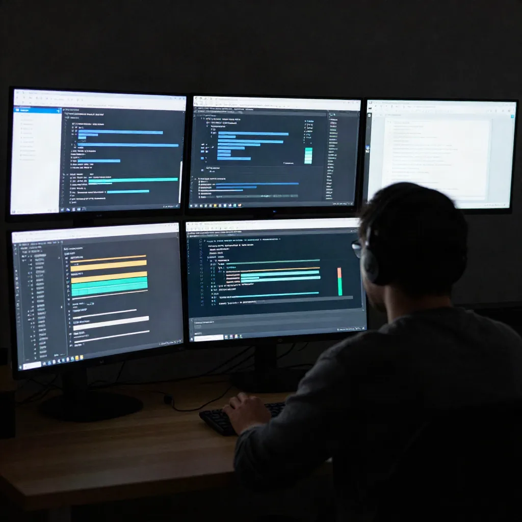 Silhouette of a developer at a standing desk facing three monitors showing dashboards and a pull request review screen