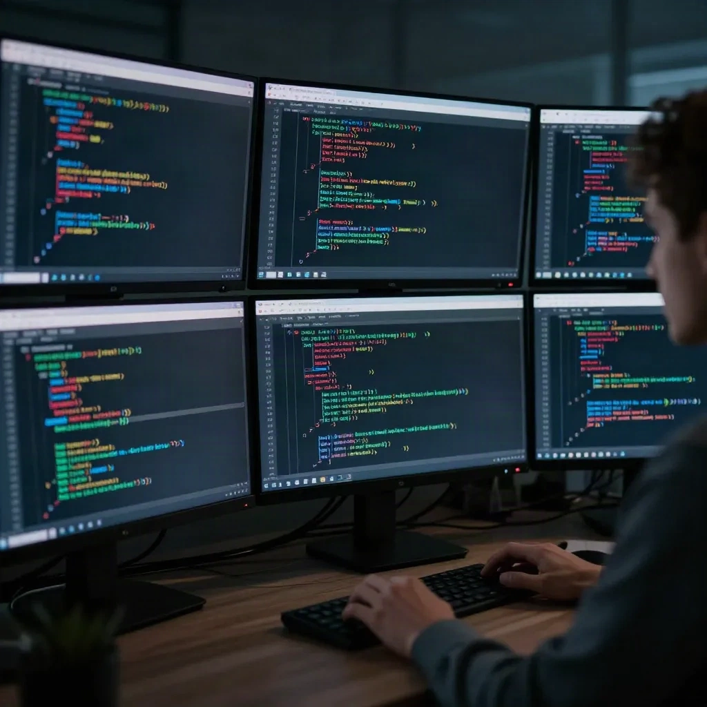 Engineer reviewing multi-file refactoring diff across multiple monitors