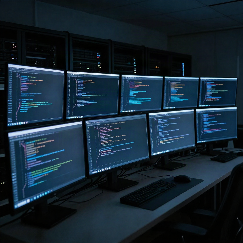 An ultra-wide monitor array showing multiple blurred terminal windows across many repositories