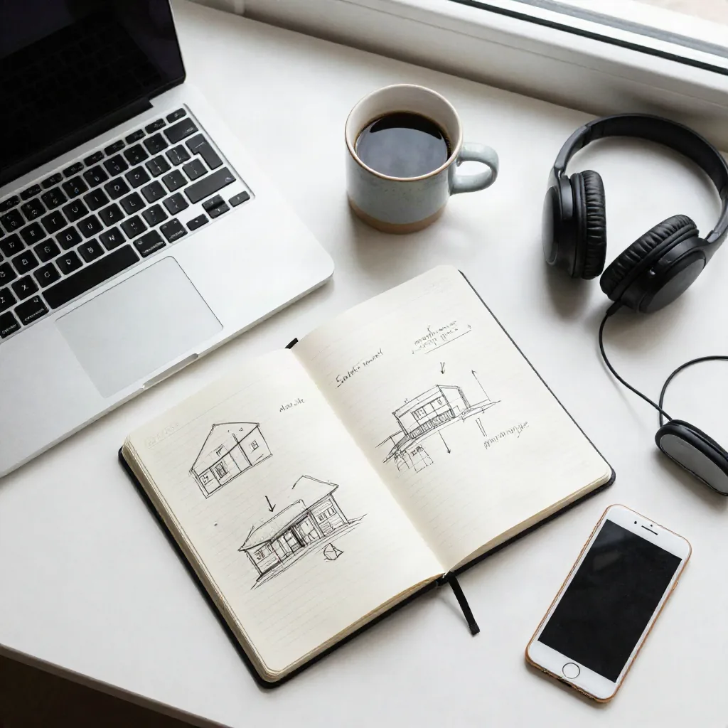 Top-down flat lay of a developer desk with laptop keyboard, notebook, coffee cup, and headphones