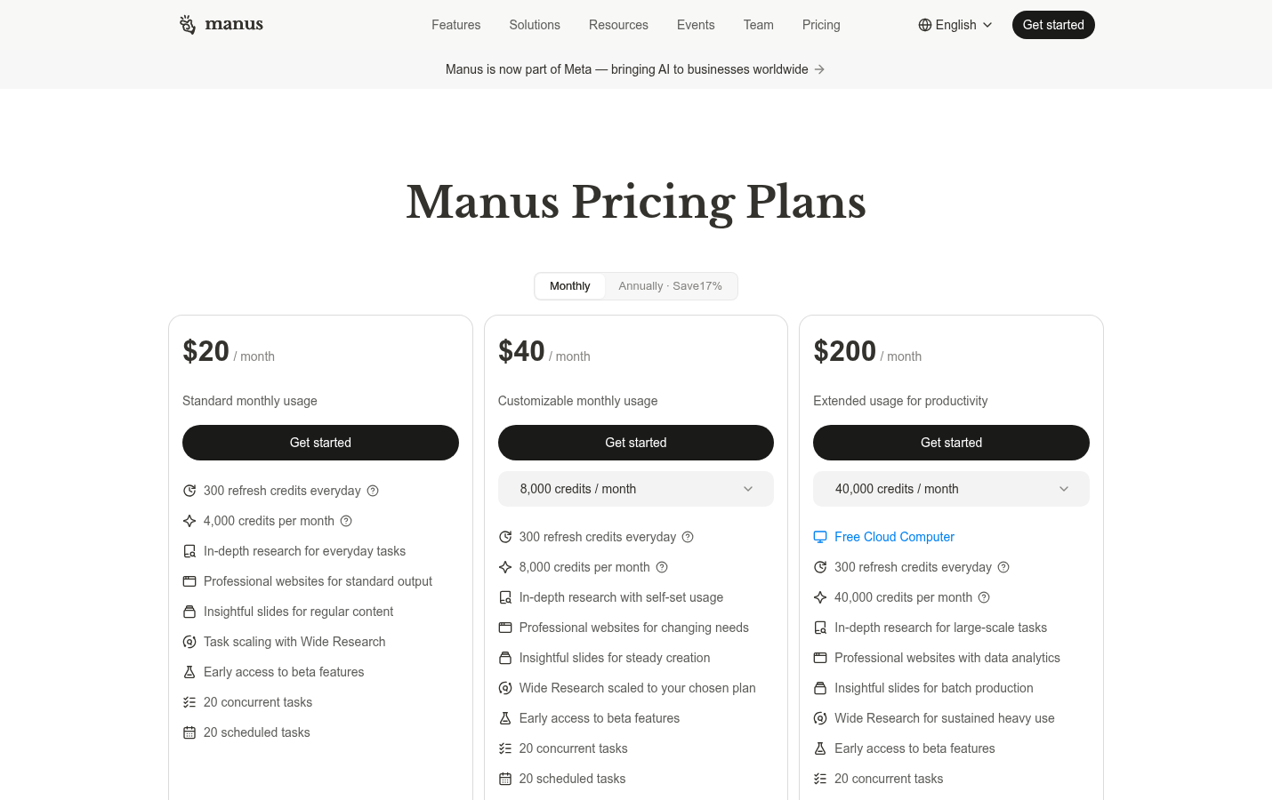 Page tarification Manus IA montrant les tiers mensuels 20 $/40 $/200 $ et allocations de crédits, août 2026