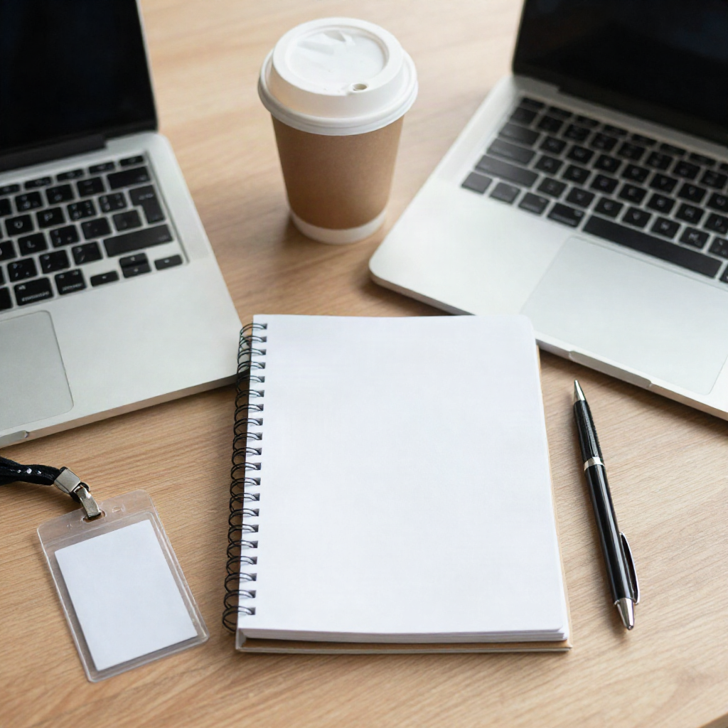A new hire's first-day desk setup with a closed laptop, coffee cup, and notepad