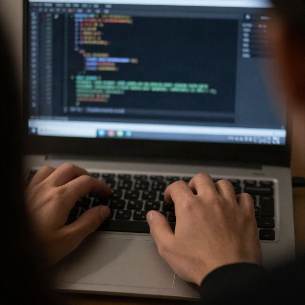 Close-up of hands typing while a multi-pane code diff loads on a laptop screen