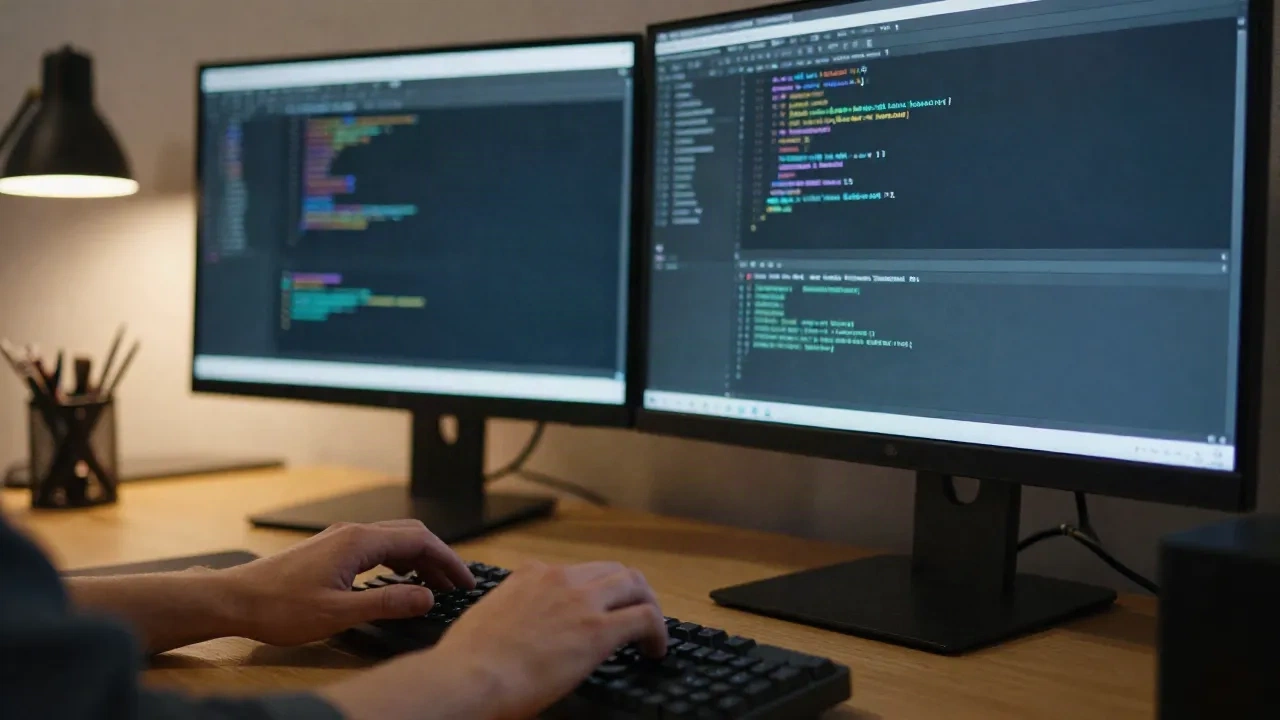 Developer typing on a mechanical keyboard with a pull request diff open on dual monitors